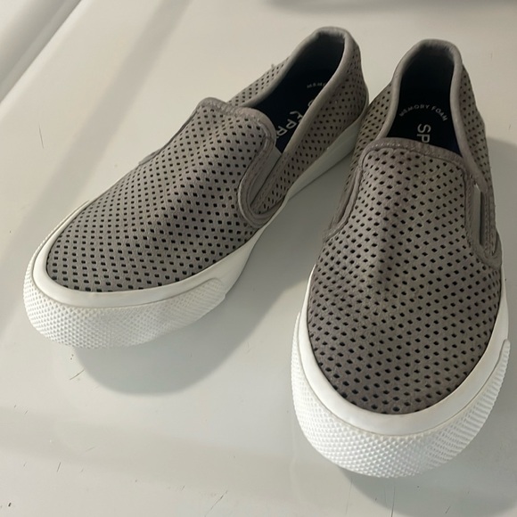Sperry Shoes - Sperry Top Sider Memory Foam leather cutout slip-on sneakers, gray, size 6 women